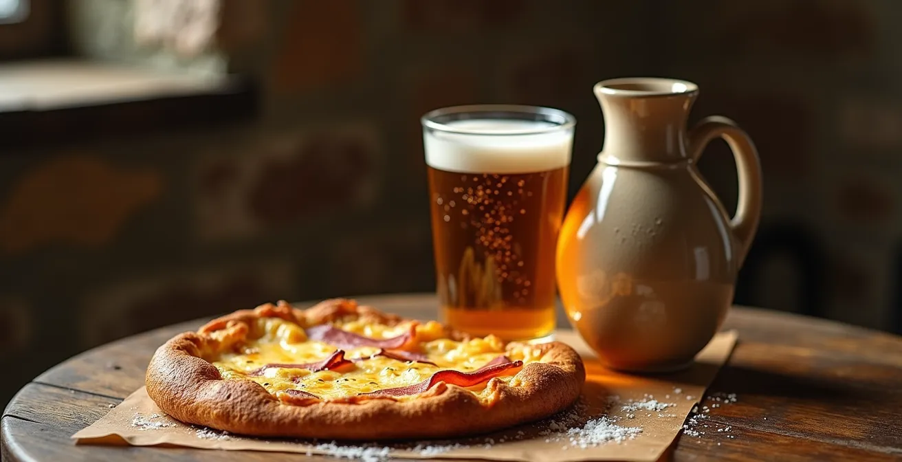 Bolée de cidre brut AOP Cornouaille à côté d'une galette complète bretonne sur une table en bois rustique