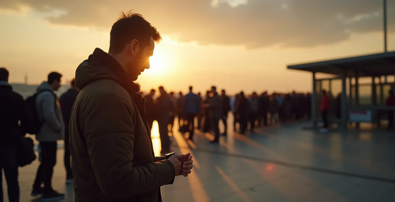 File d'attente pour navette aéroport avec voyageurs fatigués regardant leur montre
