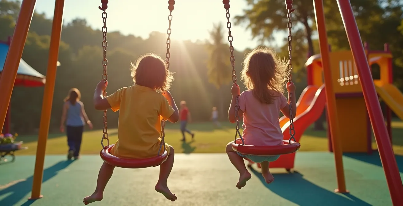 Vue d'ensemble d'une aire de jeux de camping avec enfants jouant sous la surveillance discrète des parents