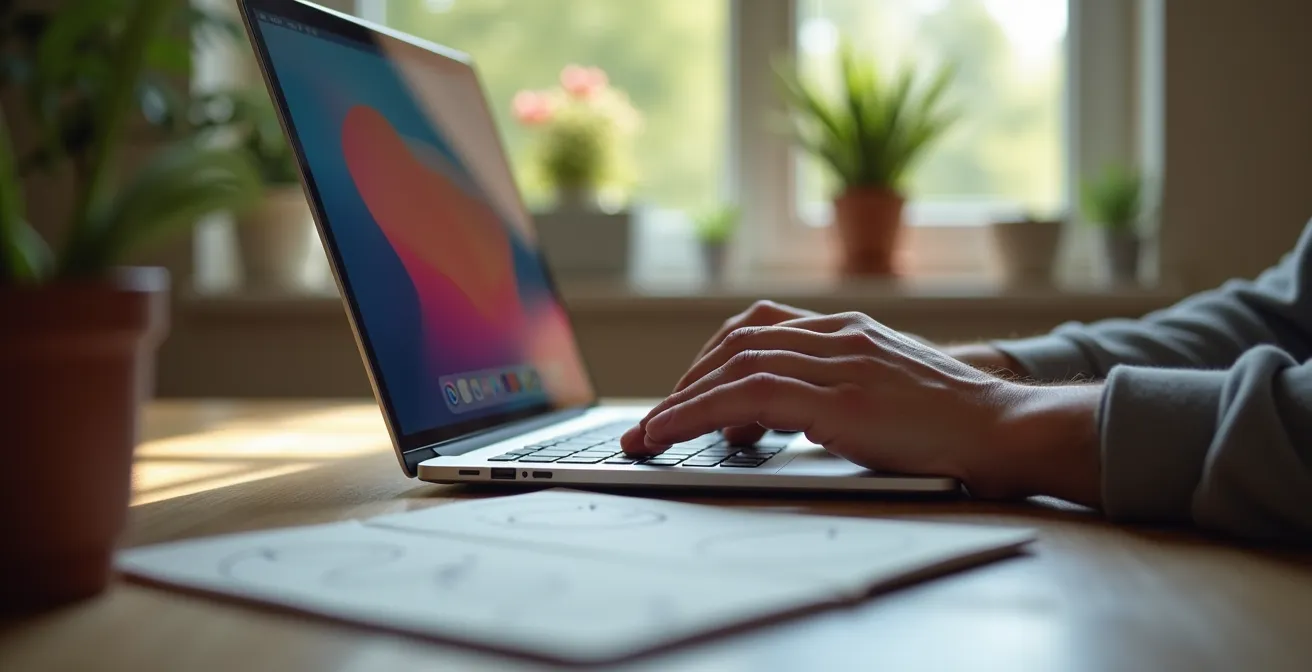 Personne consultant des cartes de bruit sur un ordinateur portable dans un environnement calme