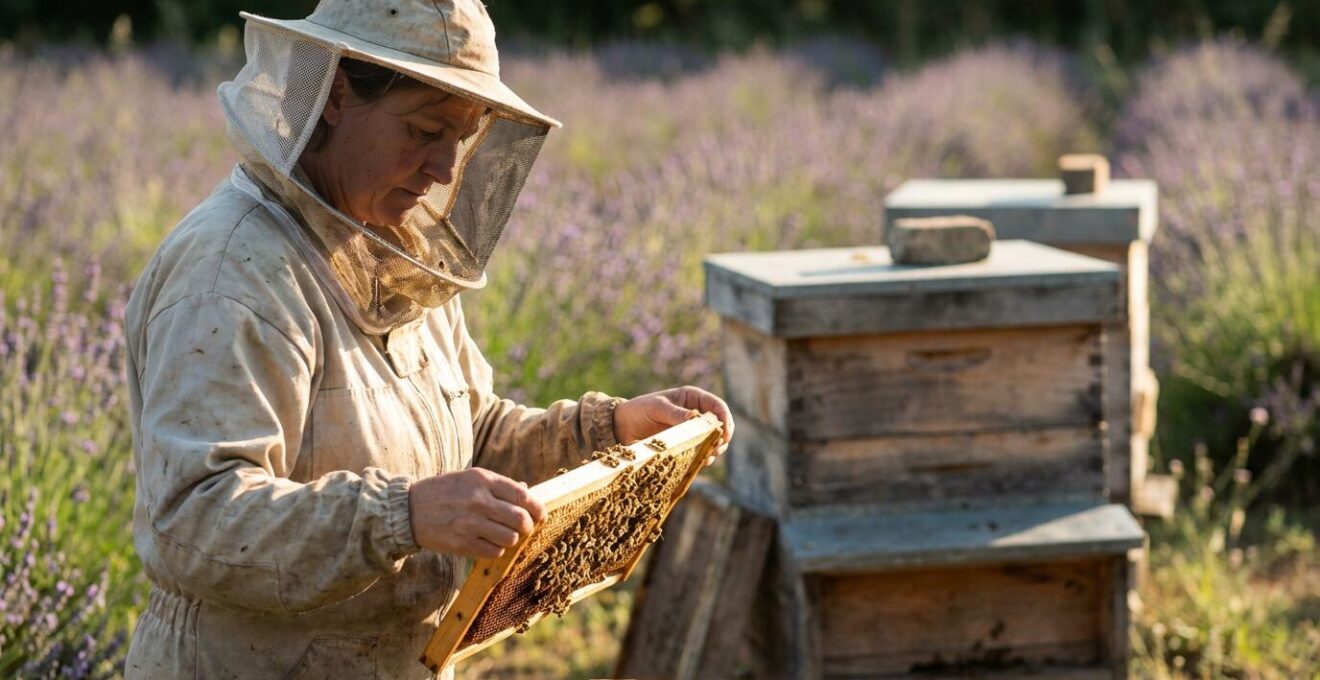 Apiculteur français inspectant une ruche dans un champ de lavande
