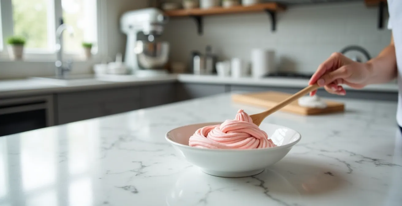 Vue rapprochée du geste précis du macaronnage montrant la texture ruban de la pâte