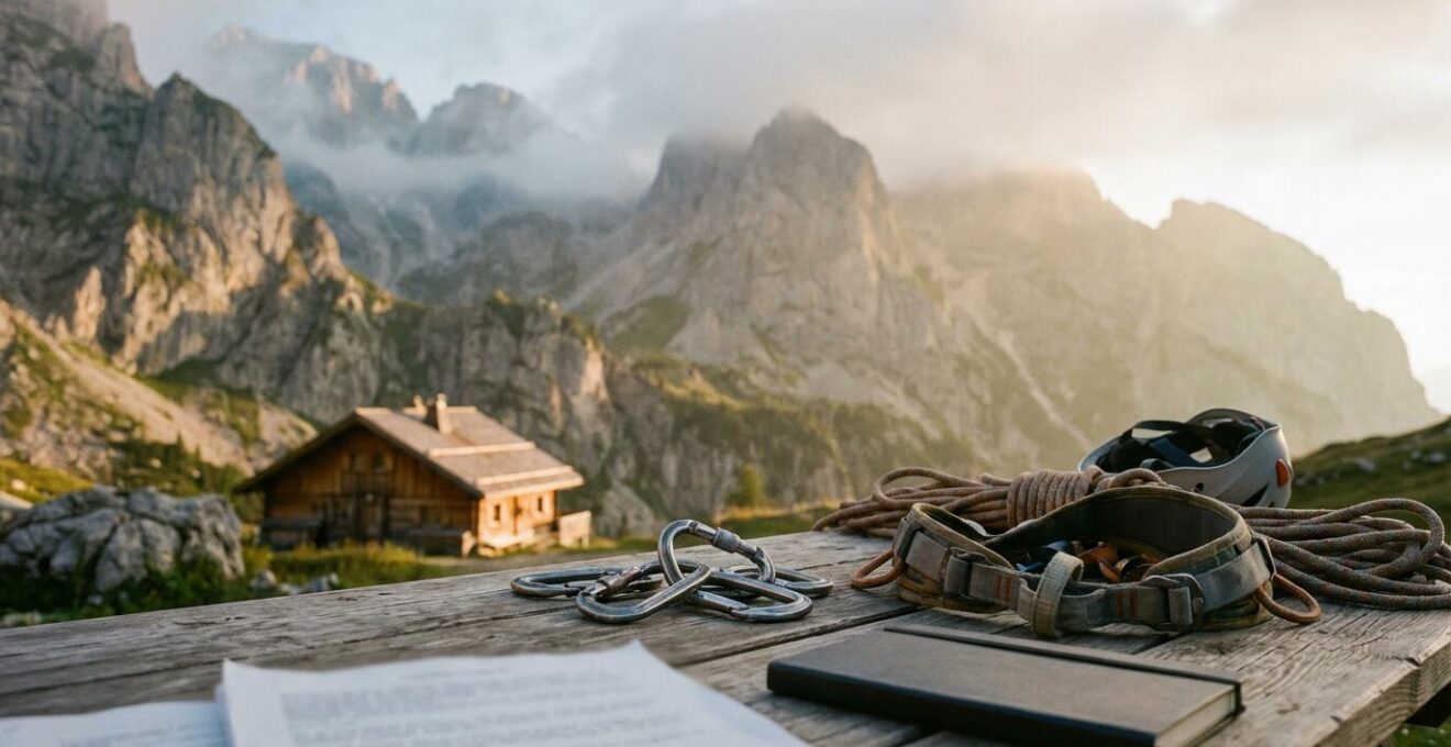 Vue panoramique d'un paysage de montagne avec équipements de sports extrêmes et documents d'assurance disposés au premier plan