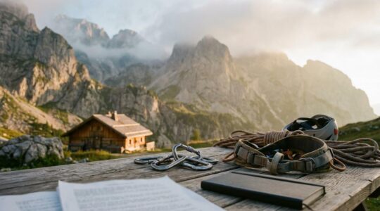 Vue panoramique d'un paysage de montagne avec équipements de sports extrêmes et documents d'assurance disposés au premier plan