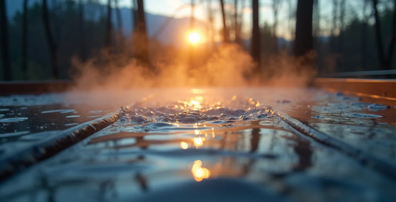 Bain nordique en bois fumant dans un jardin naturel au crépuscule