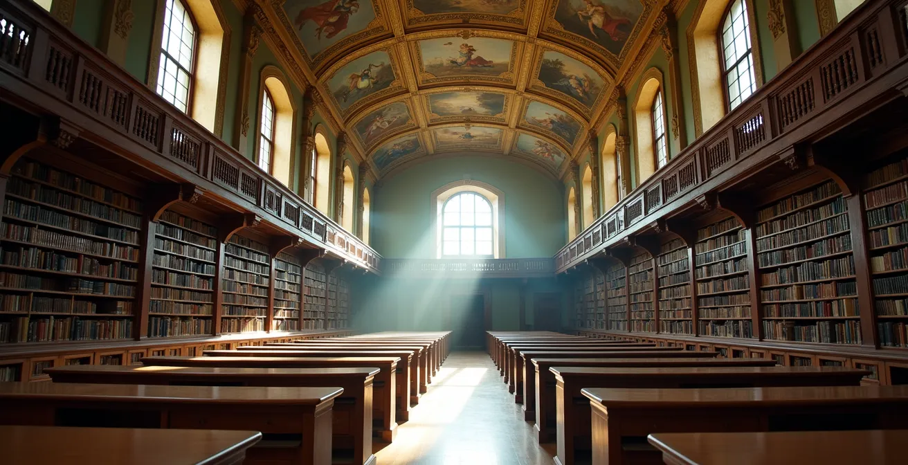 Vue grand angle d'une bibliothèque historique avec ses rangées de livres anciens et son architecture baroque