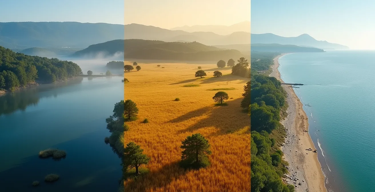 Vue aérienne de paysages français contrastés montrant différentes zones climatiques estivales