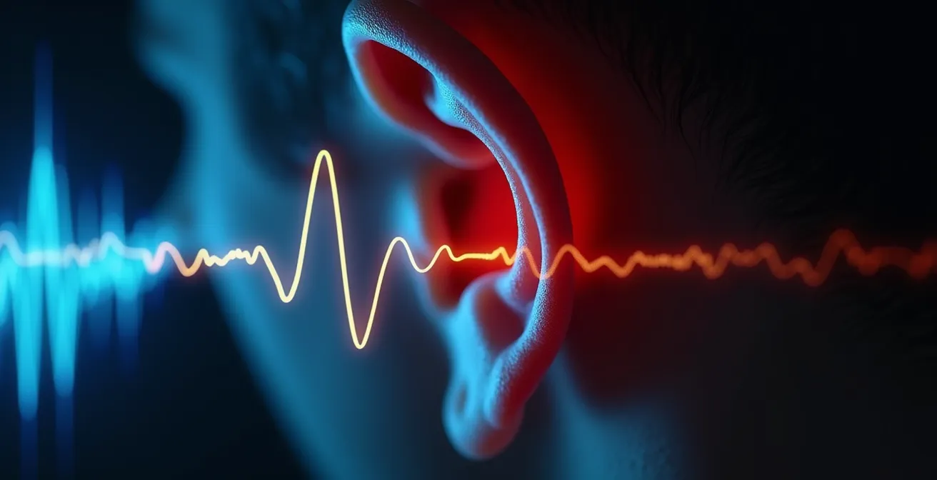 Gros plan sur l'oreille d'un spectateur avec ondes sonores colorées représentant différents niveaux de fréquences