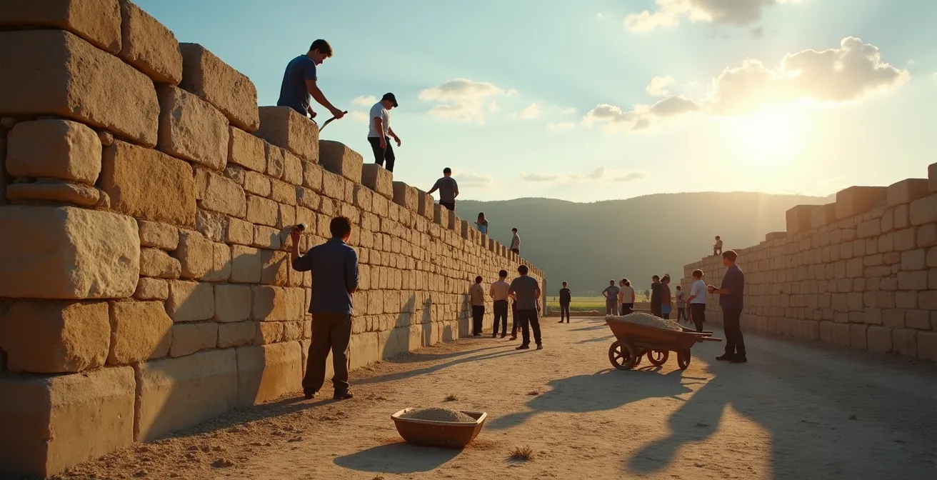 Jeunes bénévoles travaillant à la restauration d'un mur de château avec des outils traditionnels