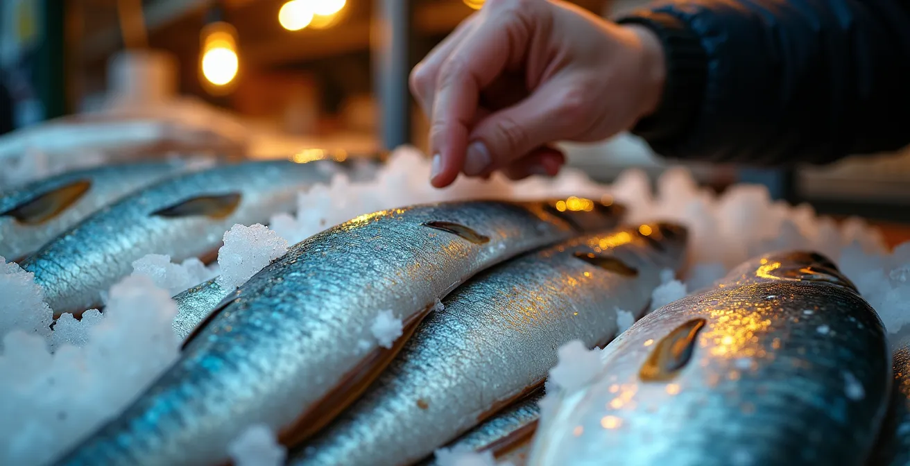 Chef et apprenti examinant ensemble la fraîcheur d'un poisson sur un étal de marché français