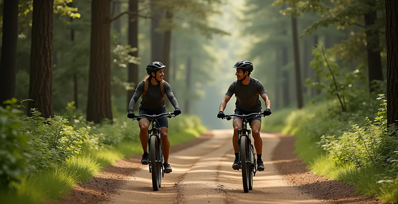 Vue aérienne d'un sentier forestier où un VTTiste et un traileur se croisent respectueusement