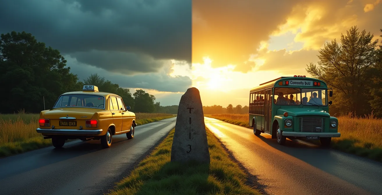 Composition visuelle montrant différentes options de transport rural avec leurs coûts et temps de trajet