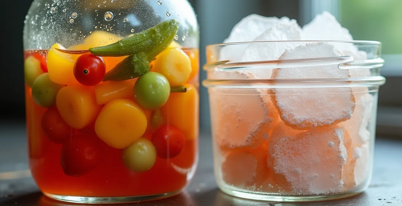 Comparaison visuelle entre des légumes conservés en bocaux et d'autres congelés, deux méthodes pour profiter des récoltes d'été en hiver.