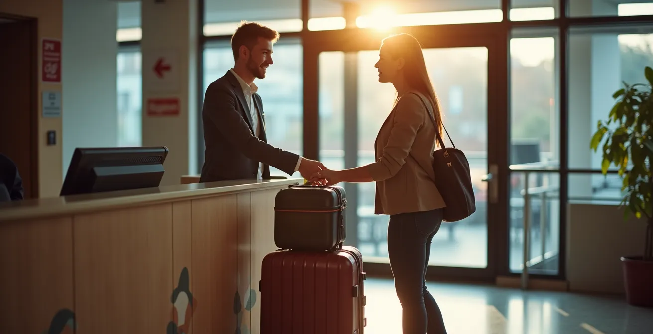 Voyageur déposant sa valise dans un commerce partenaire près d'une gare française