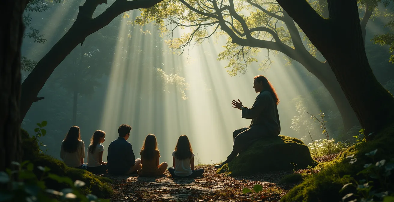 Conteur traditionnel en forêt de Brocéliande racontant une légende bretonne à un petit groupe attentif