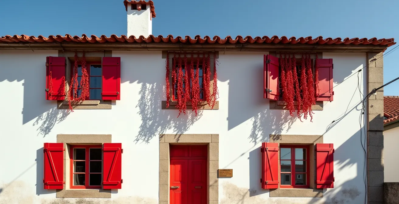 Façade de maison basque traditionnelle avec des cordes de piments rouges séchant au soleil