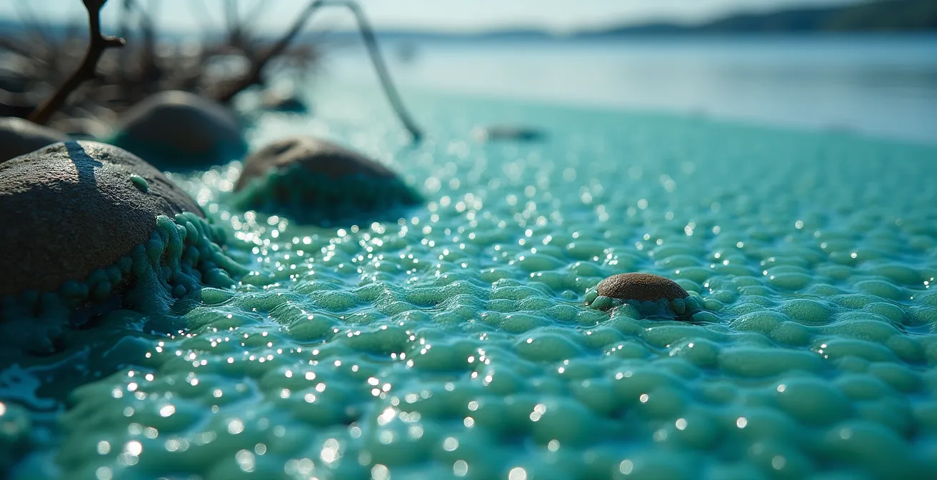 Vue macro de cyanobactéries formant une couche verte toxique au bord d'un lac