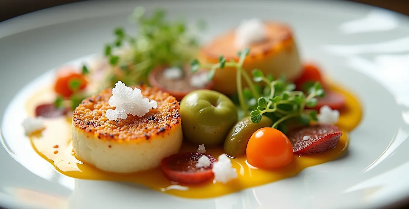 Gros plan sur un plat gastronomique français avec des textures et couleurs variées