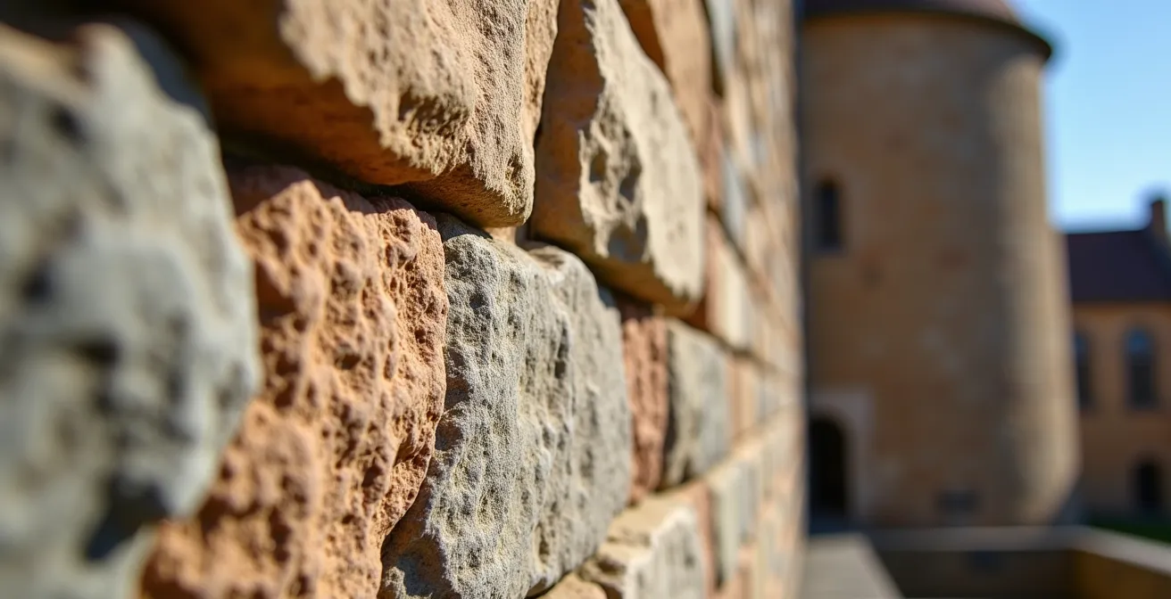 Détails architecturaux extérieurs d'une église montrant les marques du temps et de l'histoire