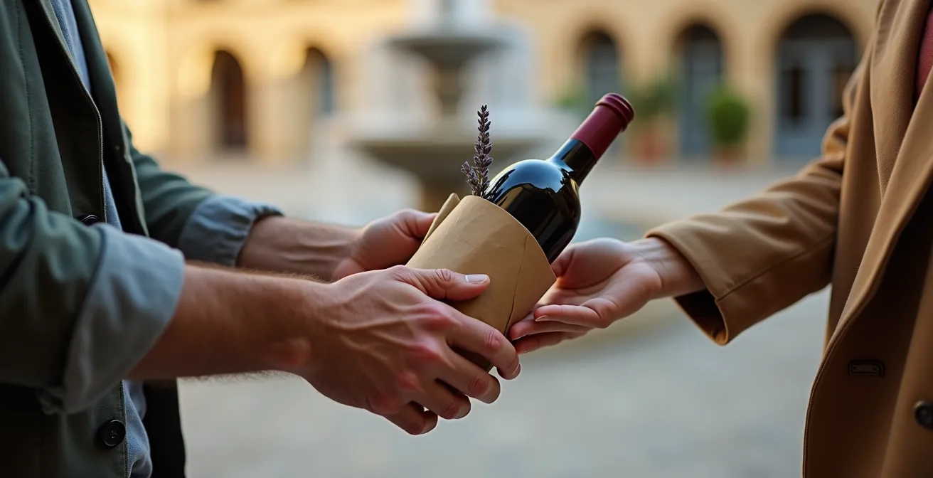 Échange d'un cadeau régional entre un voyageur et son guide local français