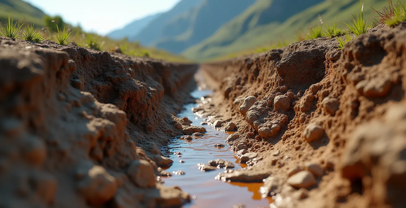 Versant de montagne montrant les traces d'érosion causées par les raccourcis hors sentier