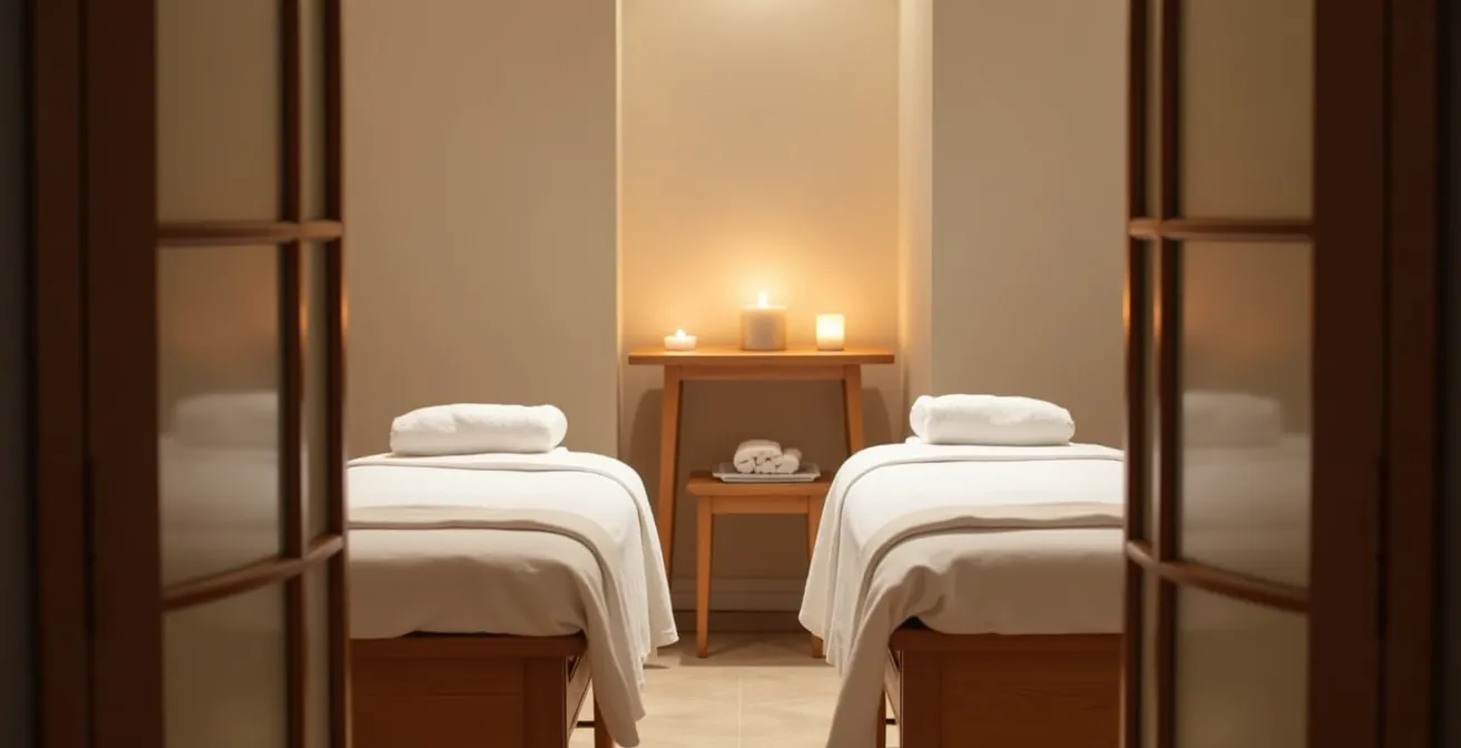 Cabine de massage en couple avec ambiance zen et éclairage tamisé
