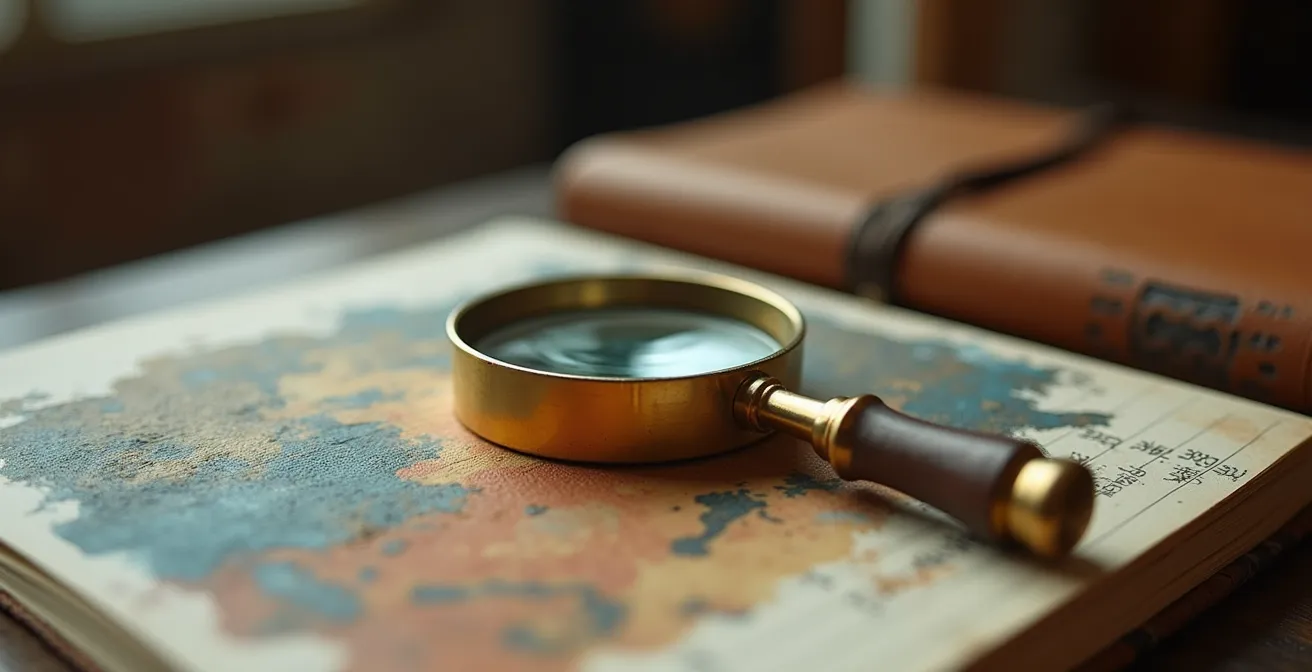 Loupe grossissant des détails d'œuvres d'art avec carnet de notes de critique