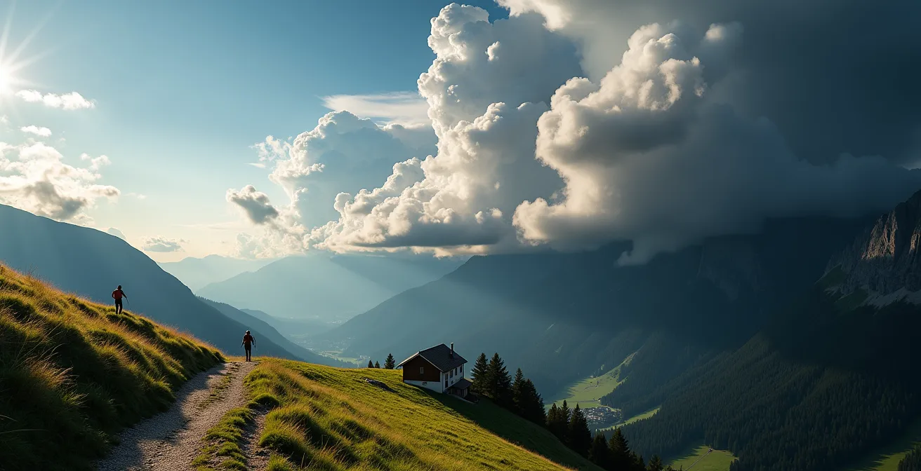 Vue panoramique montrant l'évolution des formations nuageuses au-dessus d'un massif alpin de 9h à 15h