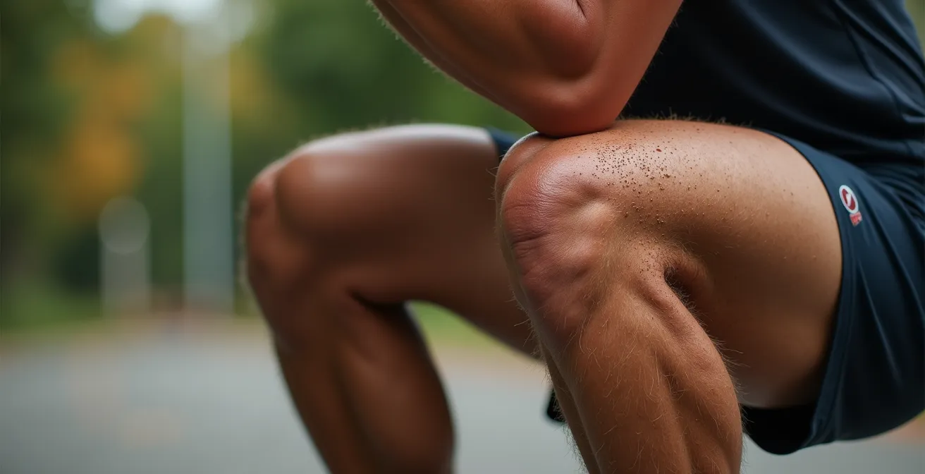 Gros plan sur les muscles quadriceps d'un coureur en plein exercice de squat sur une jambe