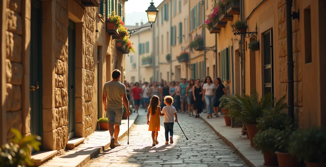 Famille explorant tranquillement un village médiéval français peu fréquenté avec des ruelles pavées