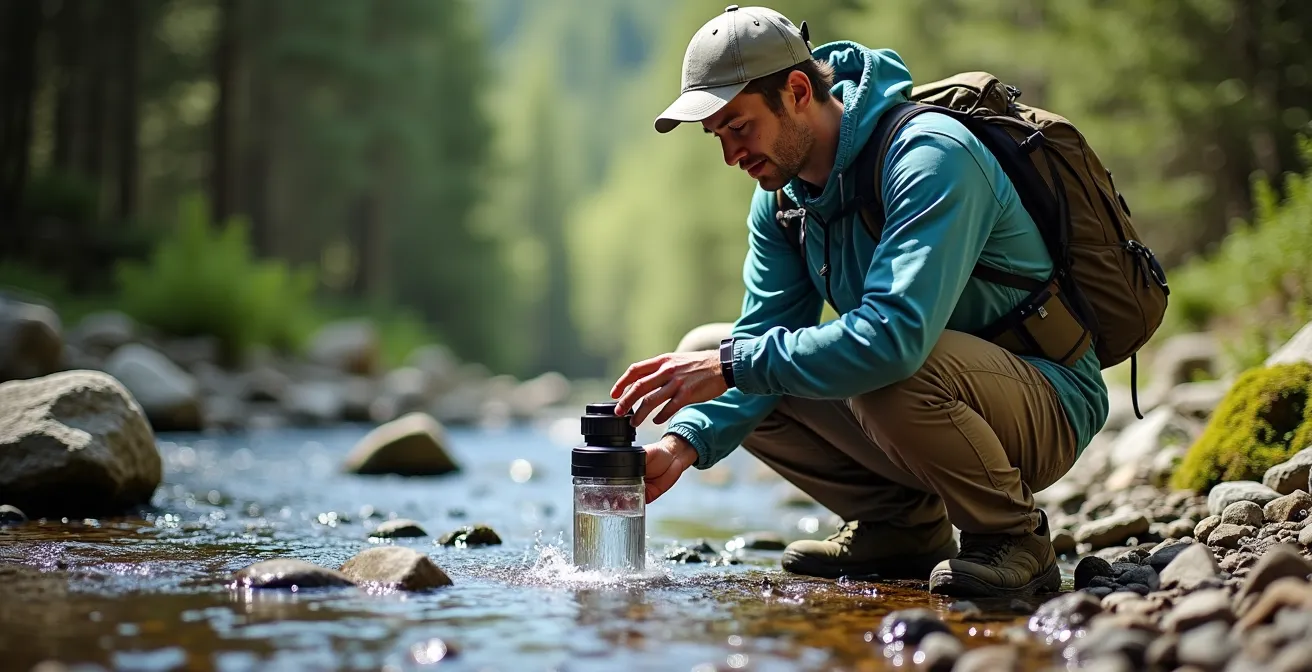 Randonneur filtrant l'eau d'un ruisseau de montagne avec un système portable