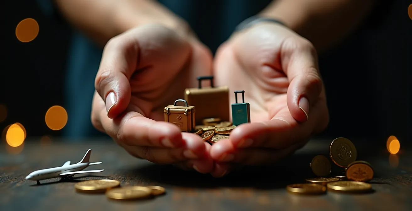 Représentation symbolique de la protection financière dans le tourisme avec des mains protectrices et des éléments de voyage