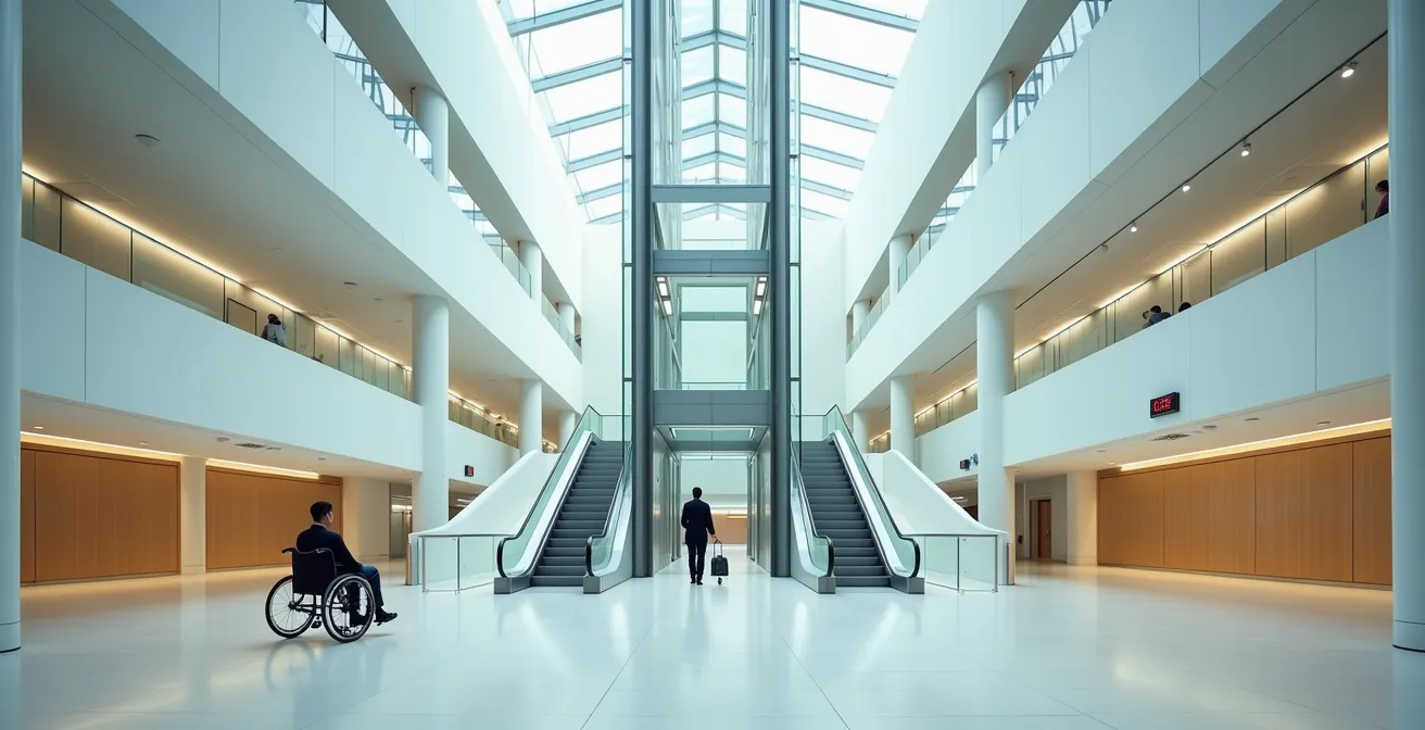 Hall de gare RER moderne avec ascenseur accessible et signalétique adaptée