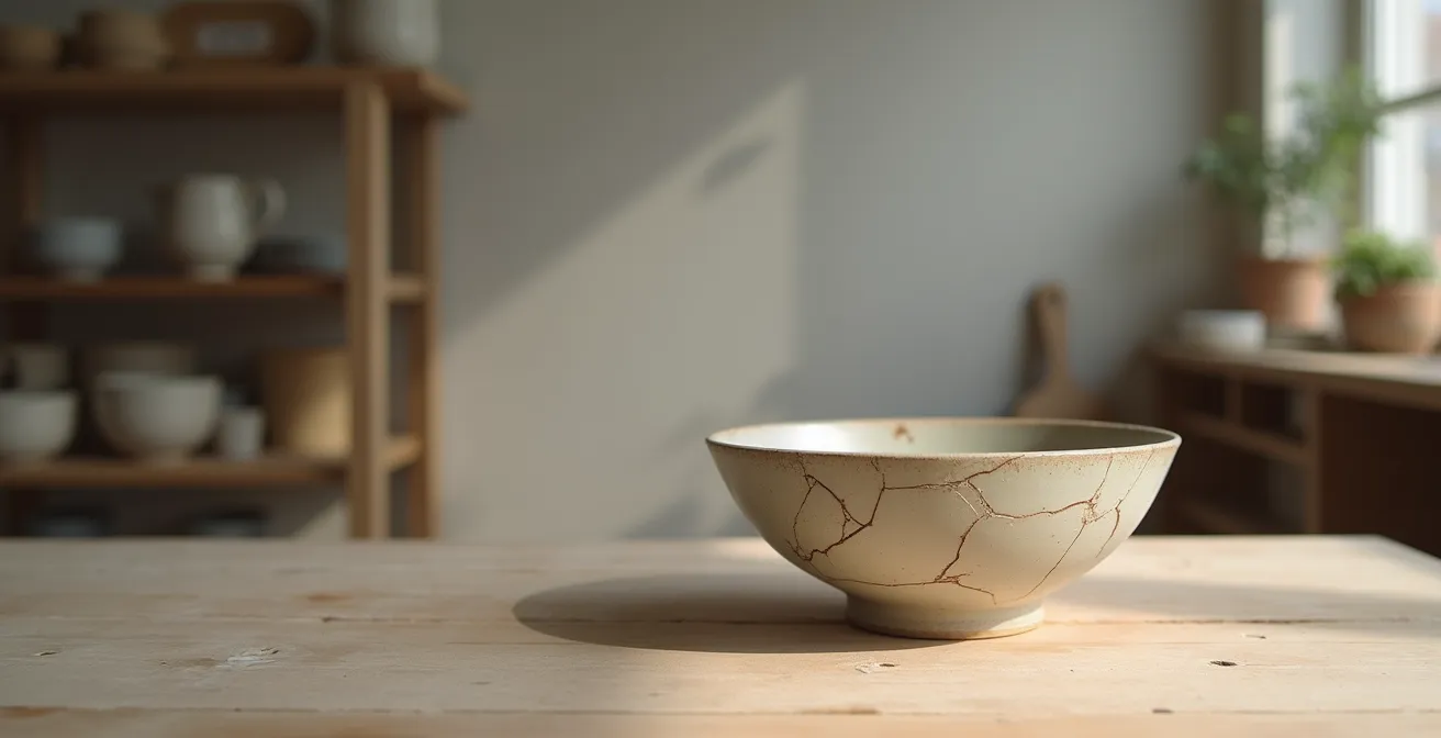 Bol artisanal avec fissures dorées et asymétries, éclairage doux latéral