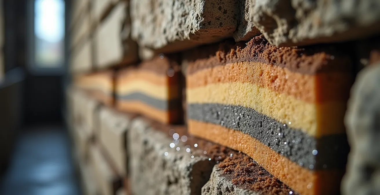 Coupe transversale d'un mur épais de château montrant les différentes couches de pierre