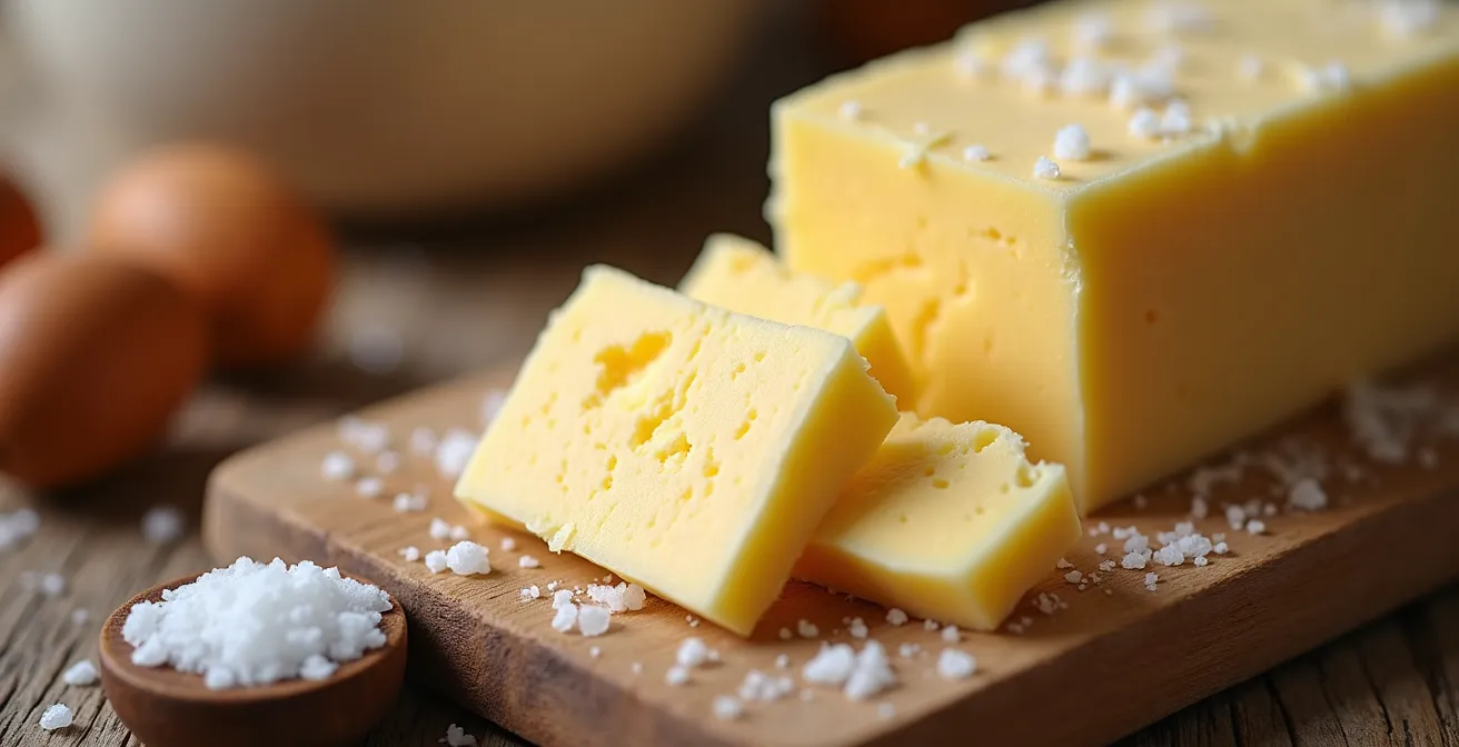 Gros plan sur du beurre de baratte artisanal et des produits du terroir français