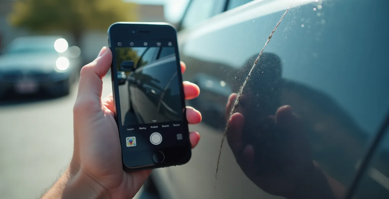 Inspection détaillée d'un véhicule de location avec un smartphone en France, montrant une main filmant une rayure.
