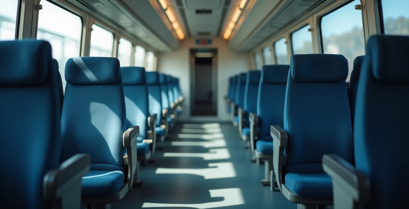 Intérieur calme de la salle basse d'un TGV avec voyageur reposé après une nuit en couchette