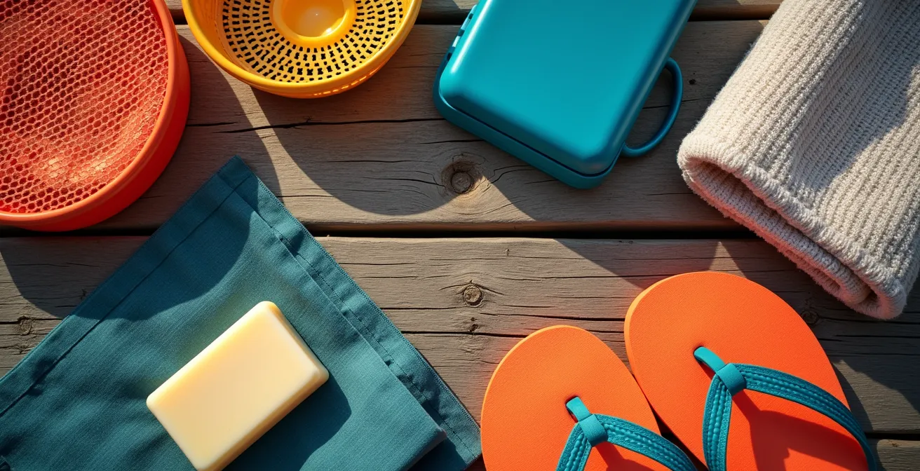 Kit sanitaire du campeur avec sac de douche, tongs et produits d'hygiène disposés sur une surface en bois