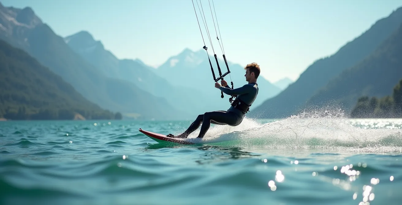 Kitesurfeur sur un lac de montagne français avec relief environnant