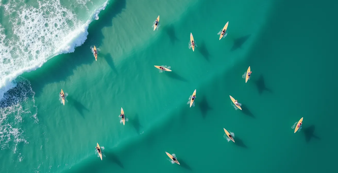 Vue aérienne d'un line-up de surf montrant les positions et trajectoires des surfeurs