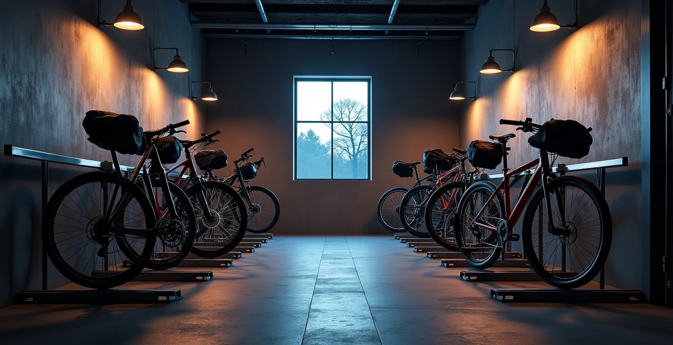 Local à vélos sécurisé avec système de fixation au sol et éclairage nocturne