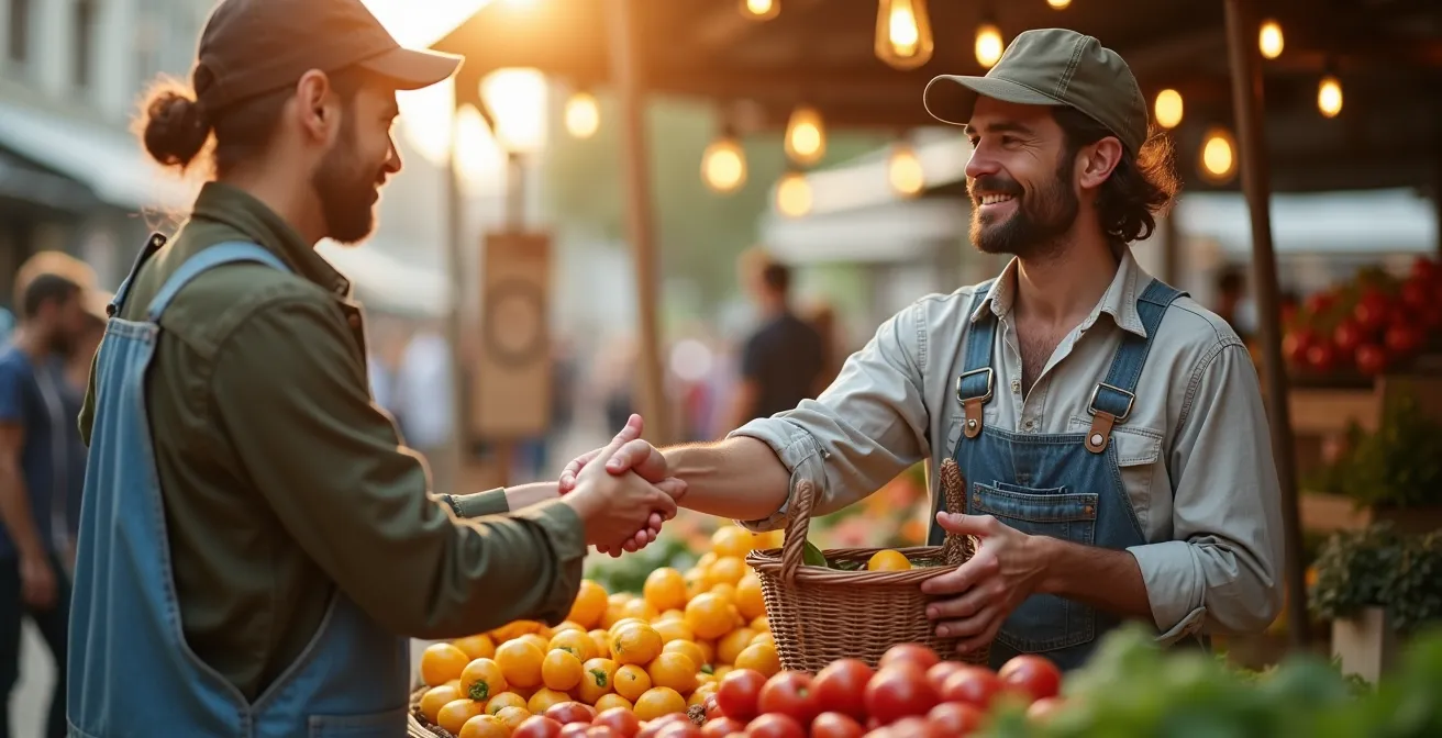 Un agriculteur échangeant directement avec un consommateur sur un marché local, symbolisant la confiance et la relation humaine.