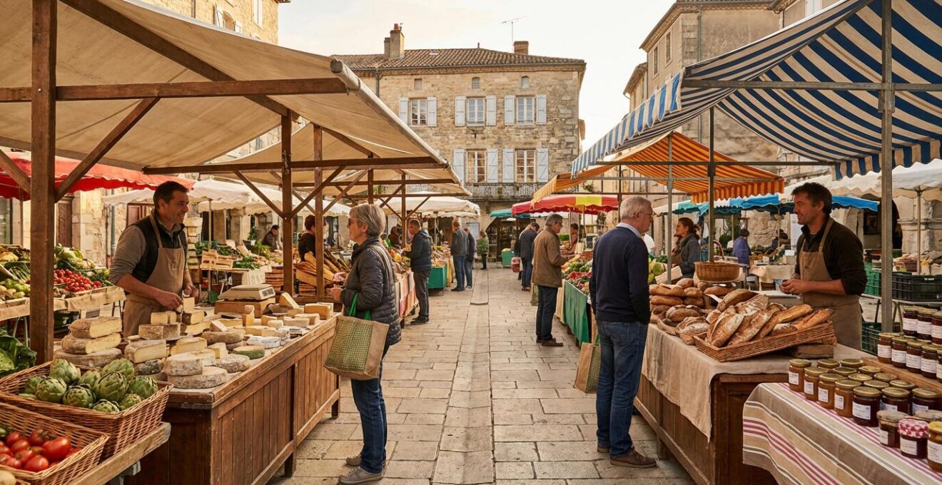 Marché de producteurs locaux en France avec stands colorés de produits du terroir