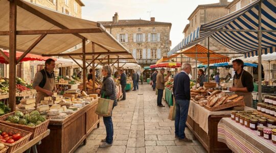 Marché de producteurs locaux en France avec stands colorés de produits du terroir