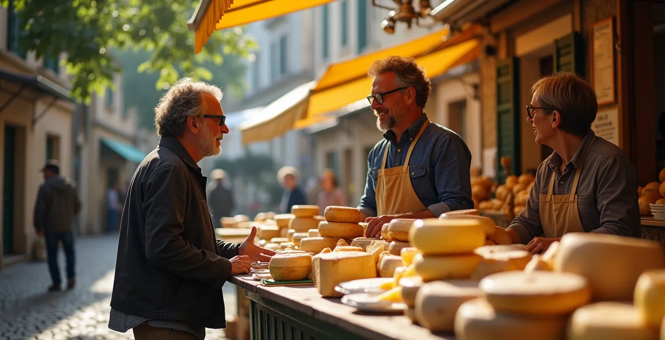 Échange détendu entre un visiteur et un producteur sur un marché de village français