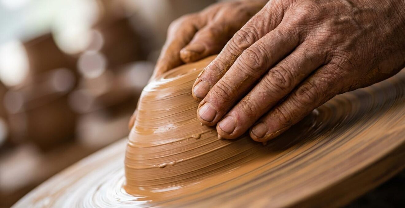 Mains d'artisan travaillant la poterie dans un atelier traditionnel français