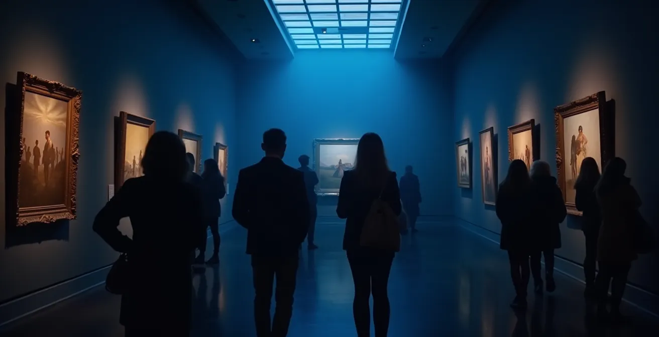 Visiteurs contemplant une œuvre d'art dans un musée en soirée avec éclairage tamisé