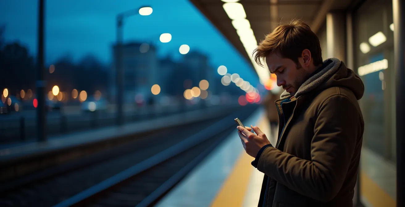 Voyageur consultant les horaires de nuit à une station de tramway éclairée