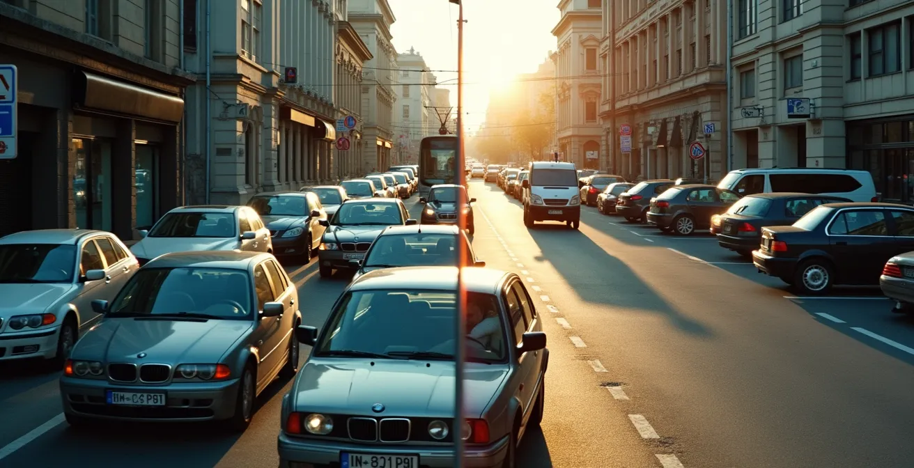 Vue d'un parking relais moderne en périphérie avec navettes et tramway à proximité